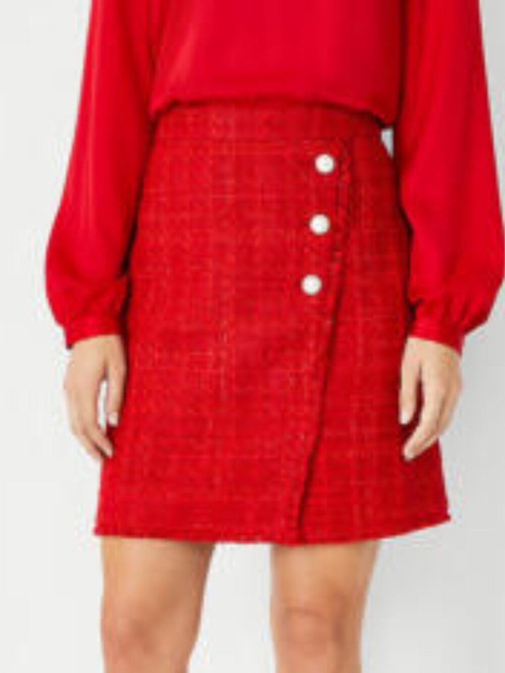 Ann Taylor Red Tweed Pearl Button Wrap Skirt Size 2